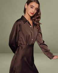 Coffee Ruched Button Mid-length Dress
