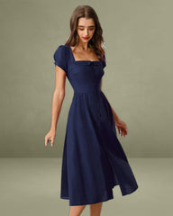 Navy Square Neck Short Sleeves A-Line Midi Dress