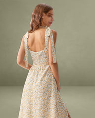 Yellow Floral Shirred Slip Midi Dress