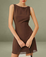 Coffee Round Neck Sleeveless Mini Dress