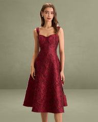 The Red Sweetheart Neck Jacquard Midi Dress