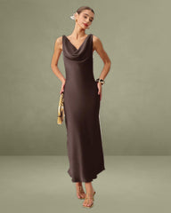 Coffee Satin Cowl Neck Maxi Dress