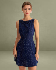 Blue Polka Dot Sleeveless Cut Out Mini Dress