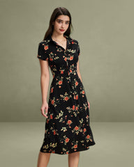 Black Floral Button A-Line Midi Dress