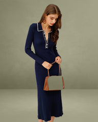 Blue Contrasting Button Sweater Dress