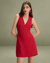 The Red V Neck Sleeveless Linen Mini Dress