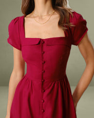 Wine Red Square Neck A-Line Mid-Length Dress