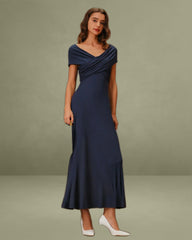 Navy V Neck Drop Shoulder A-Line Maxi Dress