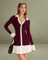 Wine Red Contrasting Sweater Dress