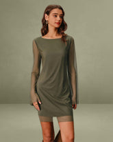 Green Mesh Boat Neck A-Line Mini Dress