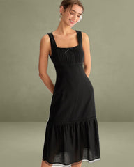 Black Square Neck Ruched Slip Midi Dress