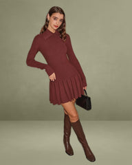 Coffee A-Line Pleated Sweater Dress