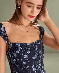 Navy Floral Sweetheart Neck Midi Dress