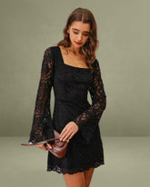 Black Lace Bell Sleeve A-Line Mini Dress