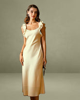 Yellow Square Neck Ruffle Satin Midi Dress