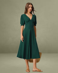 Green V Neck Ruched Midi Dress