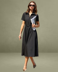 Black A-Line Belted Midi Dress