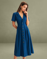 Blue V Neck Pleated Button Midi Dress
