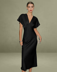 Black Satin V Neck Cowl Sleeve Midi Dress
