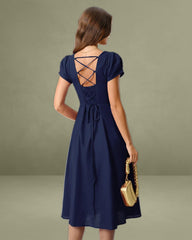 Navy Square Neck Short Sleeves A-Line Midi Dress