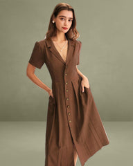 Brown Pleated A-Line Midi Dress