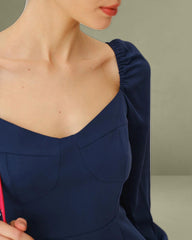 Navy Puffed Sleeve A-Line Mini Dress