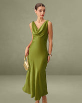 Green Satin Cowl Neck Maxi Dress