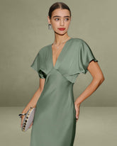 Green Satin V-Neck A-Line Mid-Length Dress
