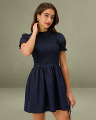 Blue Shirred Puffed Sleeve Mini Dress