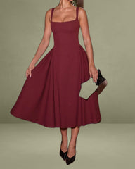 Red Square Neck A-Line Slip Midi Dress