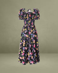 Black Floral Square Neck Shirred Maxi Dress