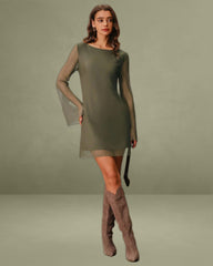 Green Mesh Boat Neck A-Line Mini Dress