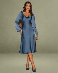 Blue Cowl Neck A-Line Midi Dress