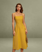 Yellow Square Neck Shirred Slip Midi Dress