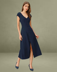 Navy Cap Sleeve A-Line Midi Dress