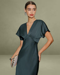Green Satin Cowl Sleeve Mid-length Dress