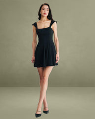 Black Square Neck Pleated Mini Dress