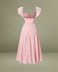 Pink Jacquard Ruched Square Neck Midi Dress