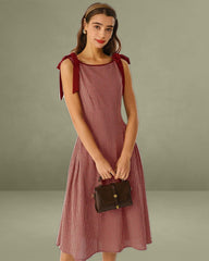 Red Plaid Tie Strap A-Line Midi Dress