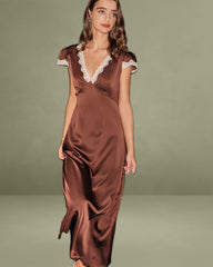 Brown Satin V Neck Lace Maxi Dress