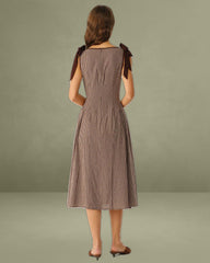 Brown Plaid Boat Neck A-Line Midi Dress