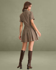 Brown Plaid Lapel Pleated Mini Dress