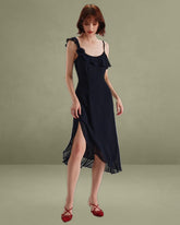 Blue Chiffon Ruffle Slip Midi Dress