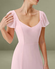 Pink Sweetheart Neck Chiffon Maxi Dress