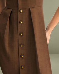 Brown Pleated A-Line Midi Dress