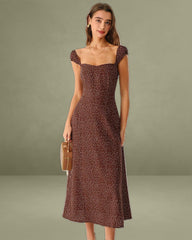 Brown Polka Dot Cap Sleeve Midi Dress
