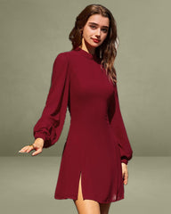 Red Mock Neck See-Through Mini Dress