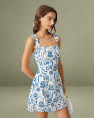 Blue Floral Tie-back Slip Mini Dress