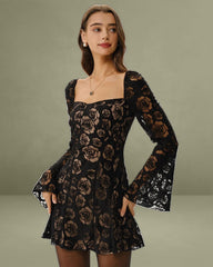 Black Transparent Bell Sleeve Mini Dress