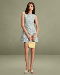 Women's Green Boat Neck Jacquard Mini Dress